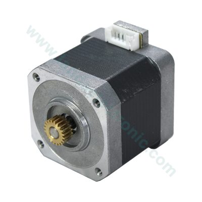 استپر موتور NEMA17 نیدک مدل KV4242-N2B008 نمای جانبی با چرخ دنده برنجی و سوکت